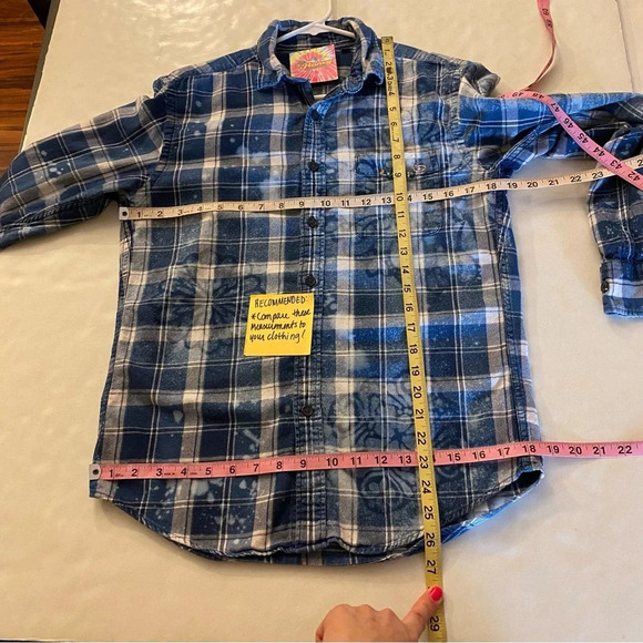Handmade Boho Flannel Shirt Womens Small Denim Chambray Stencil Bleached Plaid - Picture 8 of 10